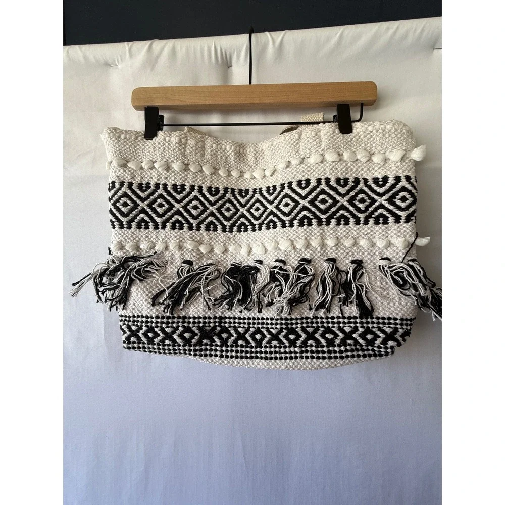 Raj Woven Geometric Tassel Tote Bag Black Cream Boho Pom Pom XL Large‎ NEW